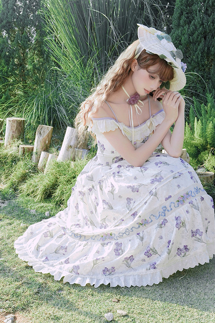 Ivory Moonlight Iris Off Shoulder Print Ruffle Embroidery Lace Sweet Lolita Jsk Dress
