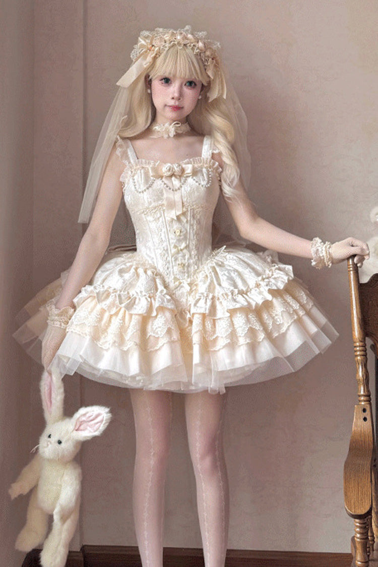 Ivory Sleeveless Multi-Layered Ruffle Bowknot Lace Lace-Up Sweet Princess Lolita Jsk Dress