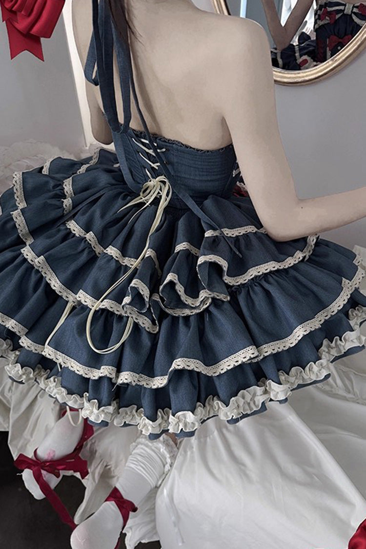Blue Milk Rabbit Theater Halterneck Sleeveless Triple-Layered Ruffle Bowknot Lace-Up Sweet Lolita Jsk Dress