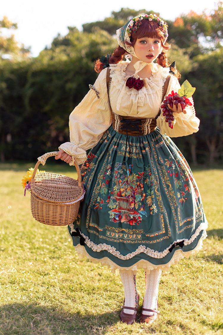 Green Ode to Plenty Berries and Birds Print Ruffle Bowknot Velvet Classic Lolita Breast Support Jsk Dress