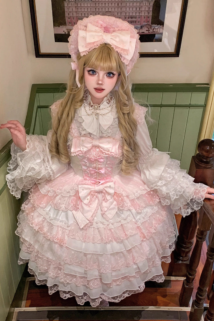 Pink/White Love Overture Multi-Layered Ruffle Bowknot Lace Sweet Lolita Jsk Dress