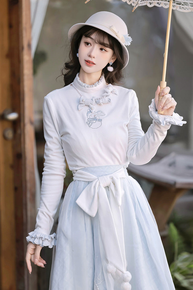 White/Blue Sunny Sky Snow Doll Long Sleeves Embroidered Bow Sweet Elegant Lolita Skirt Coat Set