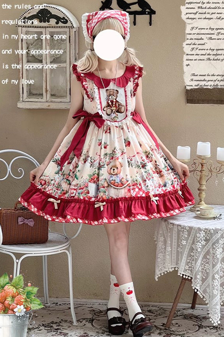 Red December Strawberry Bear Print Ruffle Bowknot Sweet Lolita Dress