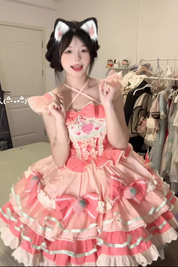 Pink Multi-Layered Cream Strawberries Print Ruffle Bowknot Sweet Lolita Tiered Dress