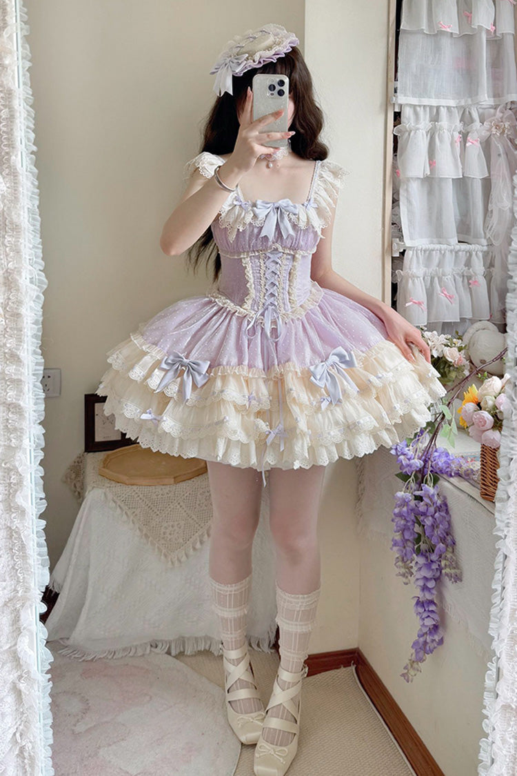 Purple Flory Butterfly Double-Layered Ruffle Bowknot Lace Lace-Up Sweet Ballet Lolita Jsk Dress