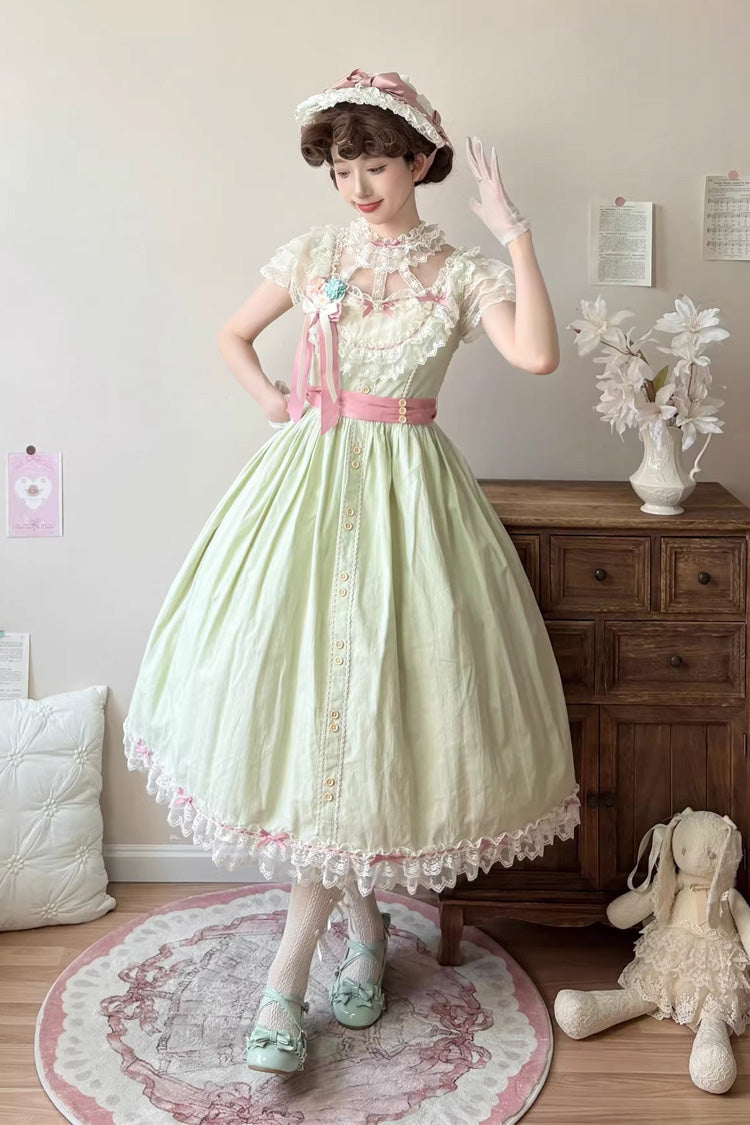 Green Sakura's Spring Resonance Sleeveless Ruffled Bow Sweet Lolita Jsk Dress (Long Version)