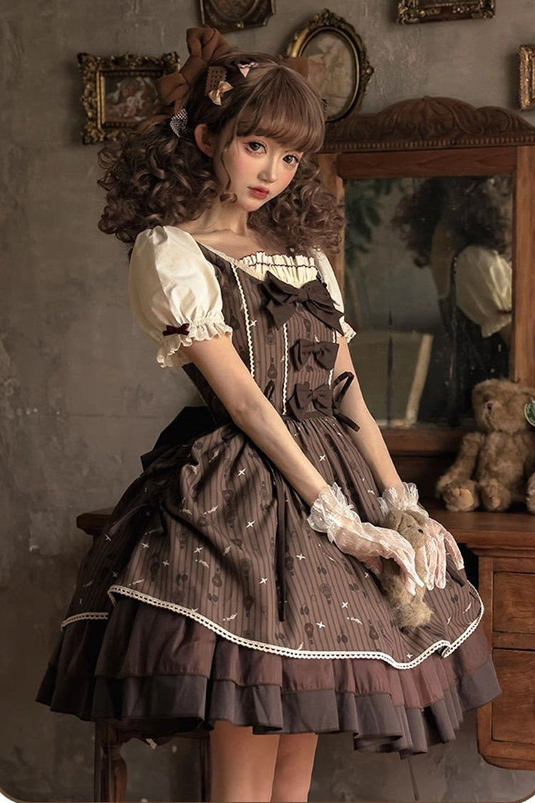 Brown Moro Coco Hot Air Balloon Print Ruffle Bowknot Sweet Elegant Princess Lolita Dress