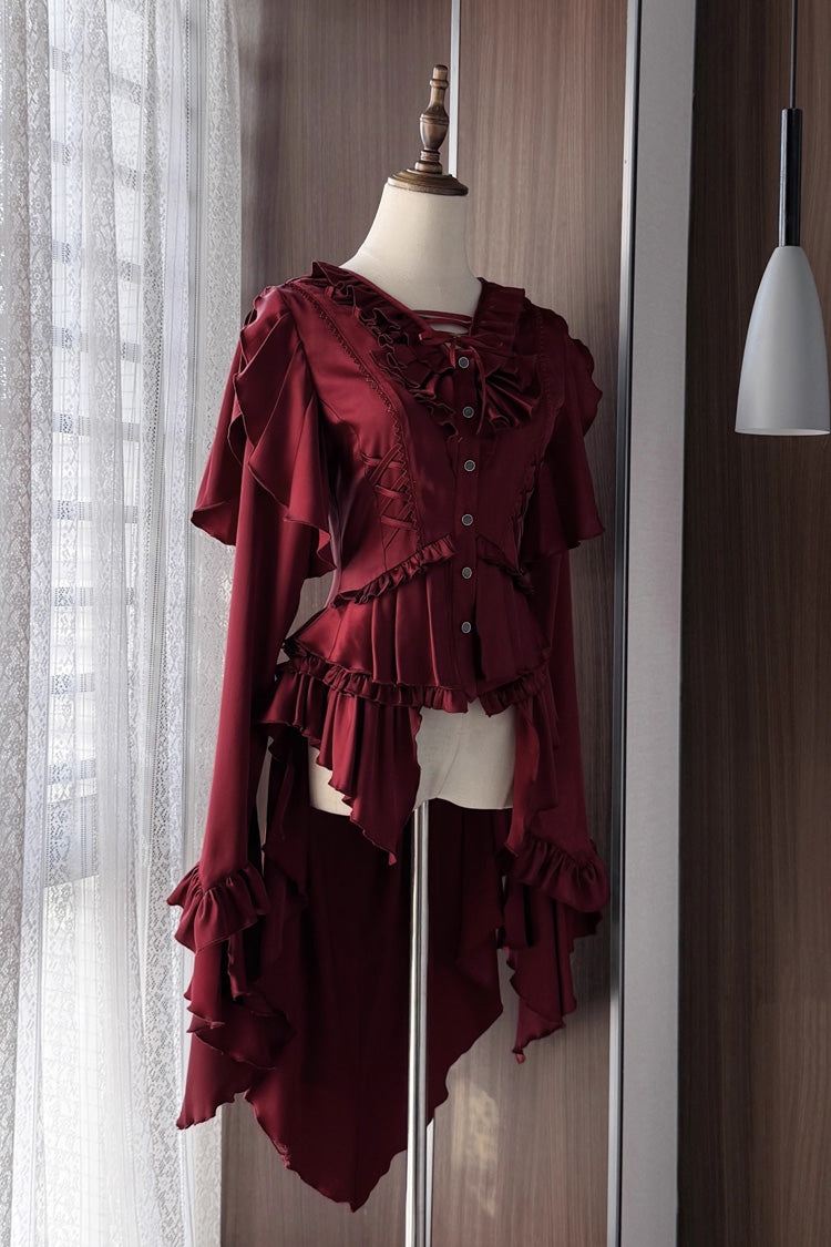 Echoes of the Deep Sea Long Hime Sleeves Ruffled Bow Lace-Up Gothic Ouji Lolita Blouse 4 Colors