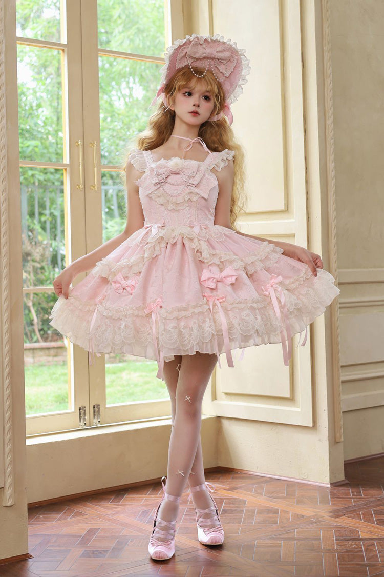 Pink Blossoming Heart Love  Sleeveless Dark Jacquard Print Bowknot Lace Sweet Lolita Jsk Dress