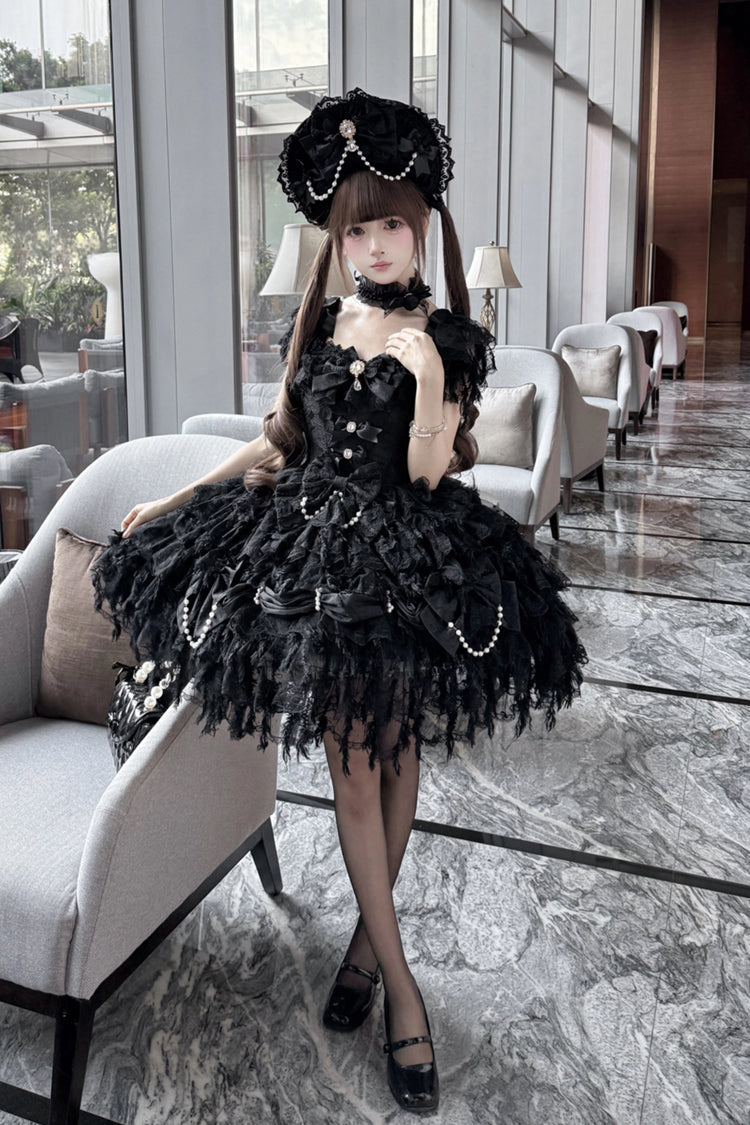 Black Cloudborne Snowfeather Sleeveless Multi-Layered Hanayome Bowknot Pearl Gothic Lolita Jsk Dress