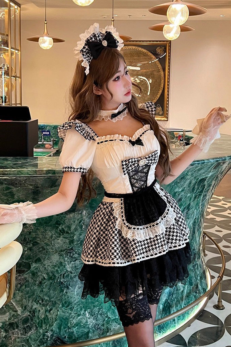 Black/White Lovely Houndstooth Square Collar Short Sleeves Print Ruffle Bowknot Lace Maid Sweet Lolita Dress