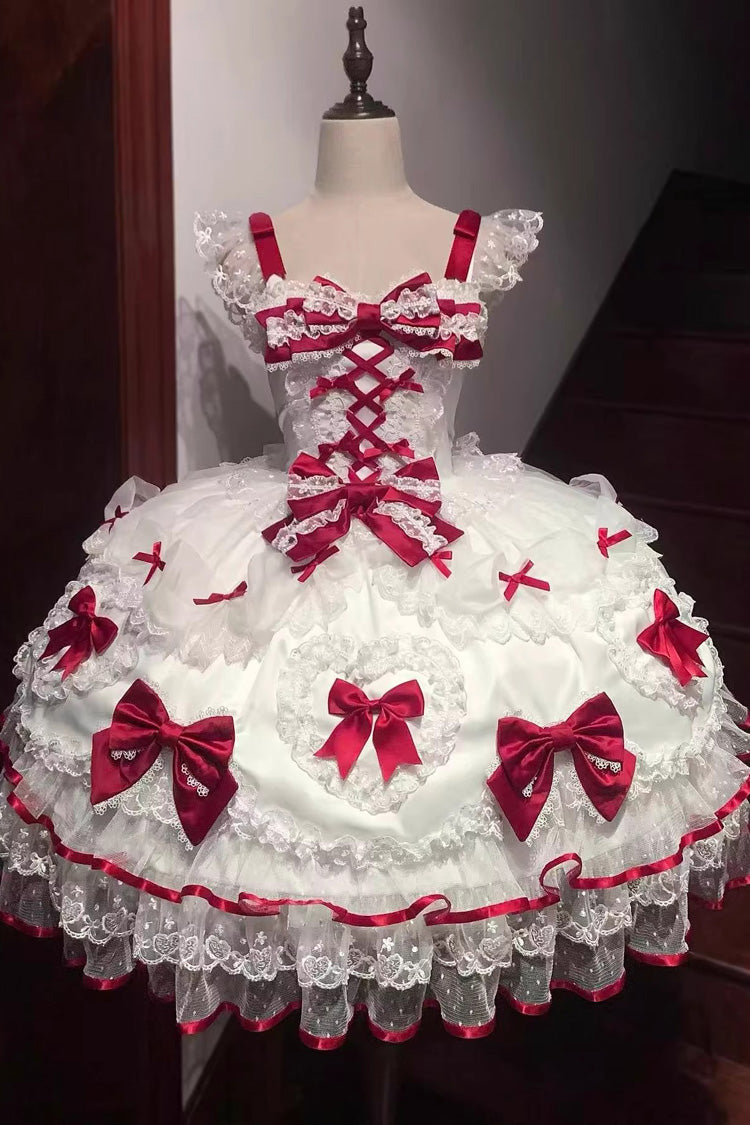 White/Red Sweetheart Sleeveless Multi-Layered Embroidered Bow Lace Lace-Up Sweet Lolita Jsk Dress