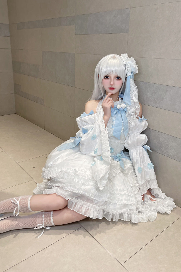 White Detachable Long Trumpet Sleeves Triple-Layered Ruffle Hanayome Bowknot Lace Sweet Lolita Dress