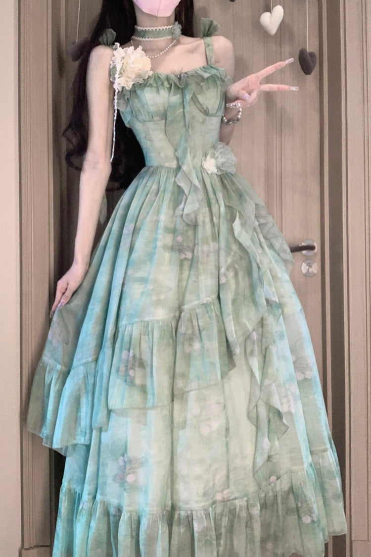 Green Forest Garden Print Ruffle Bowknot Sweet Lolita Jsk Long Dress