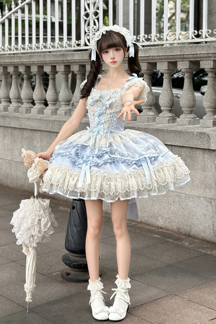 Blue Dreaming Butterfly Multi-Layered Jacquard Ruffle Bowknot Lace Sweet Princess Lolita Jsk Dress