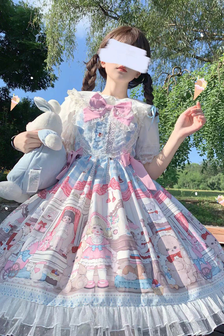 Blue/Pink Plush Bear and Doll Print Ruffle Bowknot Lace Sweet Lolita Jsk Dress