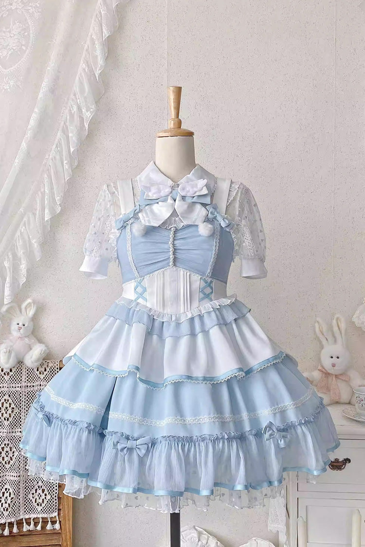 Blue/White Cotton Cloud Lapel Collar Ruffle Bowknot Lace-Up Sweet Lolita Jsk Dress