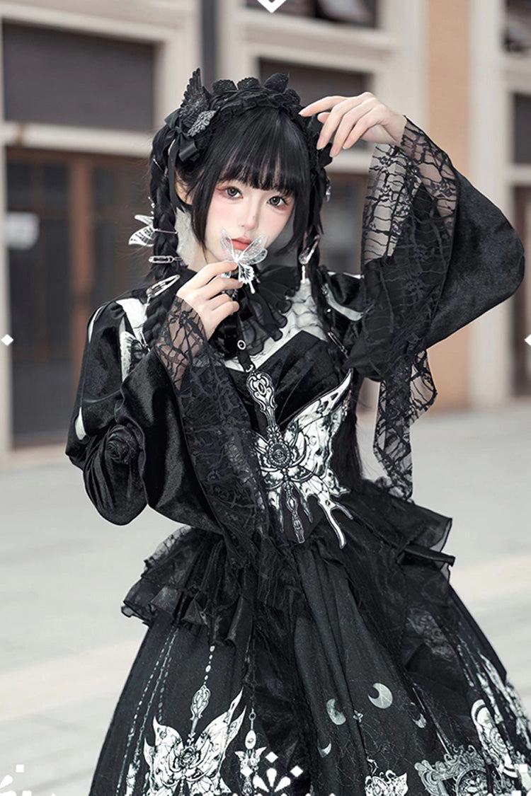 Black Feast of Bones Print Ruffle Bowknot Lace Gothic Elegant Lolita Long Dress