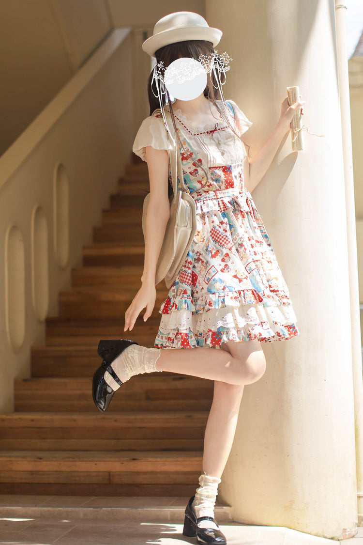 Multi-Color Linlang Painting Shop Sleeveless Multi-Layered Print Ruffle Sweet Vintage Lolita Jumper Dress