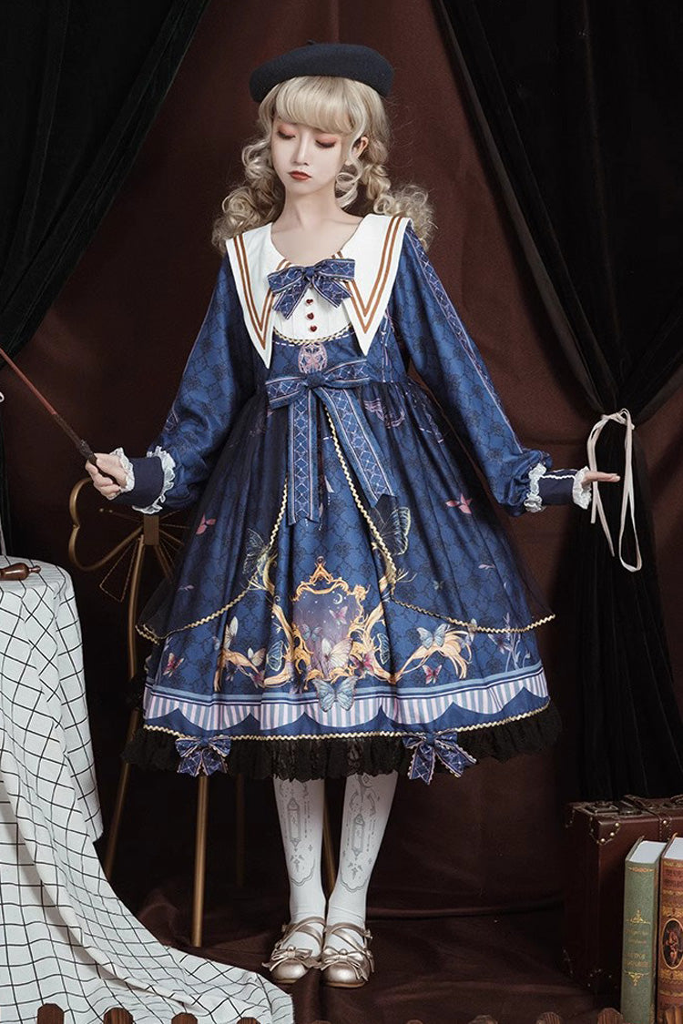 Blue Navy Collar Long Sleeves Butterfly Print Ruffle Bowknot Sweet Elegant Princess Lolita Dress
