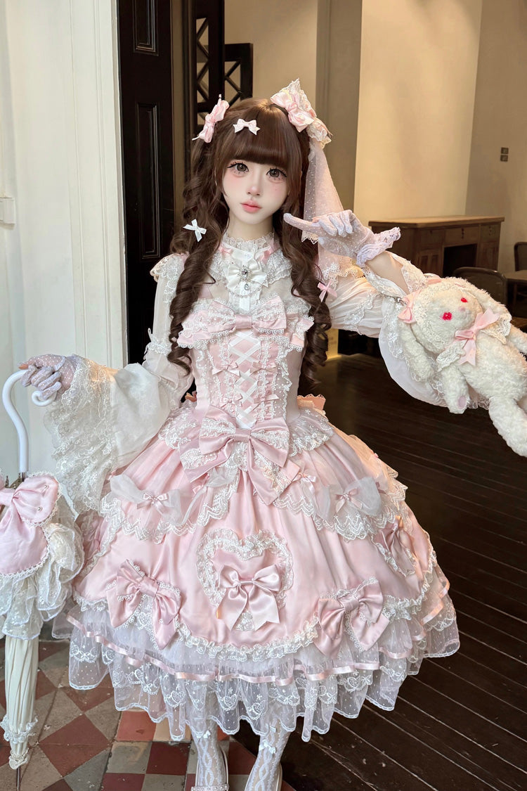Pink Sweetheart Sleeveless Multi-Layered Embroidered Bow Lace Lace-Up Sweet Lolita Jsk Dress