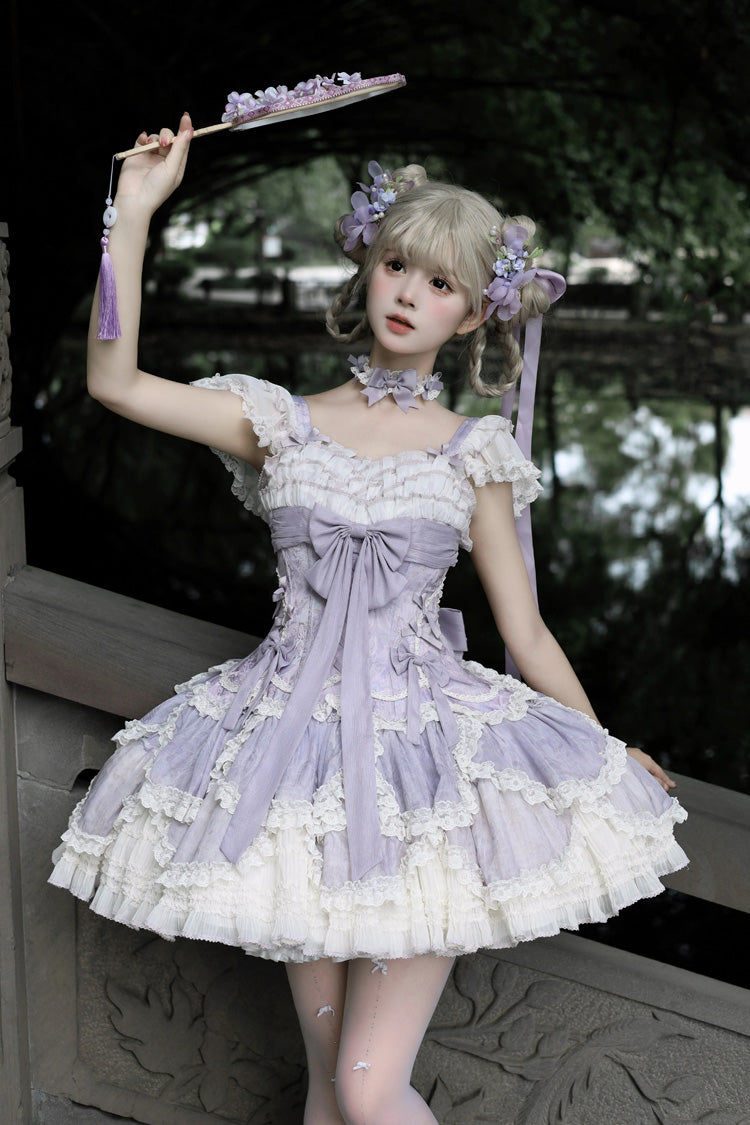 Purple Floral Dream Short Sleeves Multi-Layered Ruffle Embroidery Bowknot Lace-Up Sweet Elegant Ballet Lolita Jsk Dress