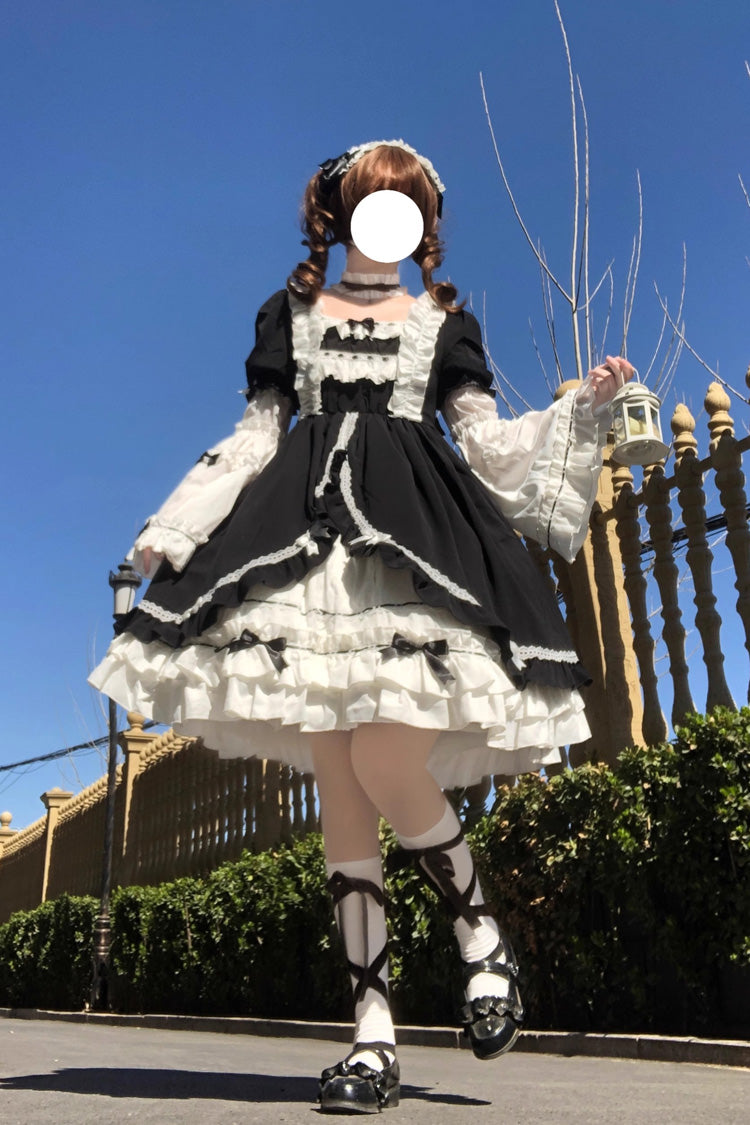 White/Black Long Hime Sleeves Ruffle Cardigan Bowknot Gothic Lolita Dress