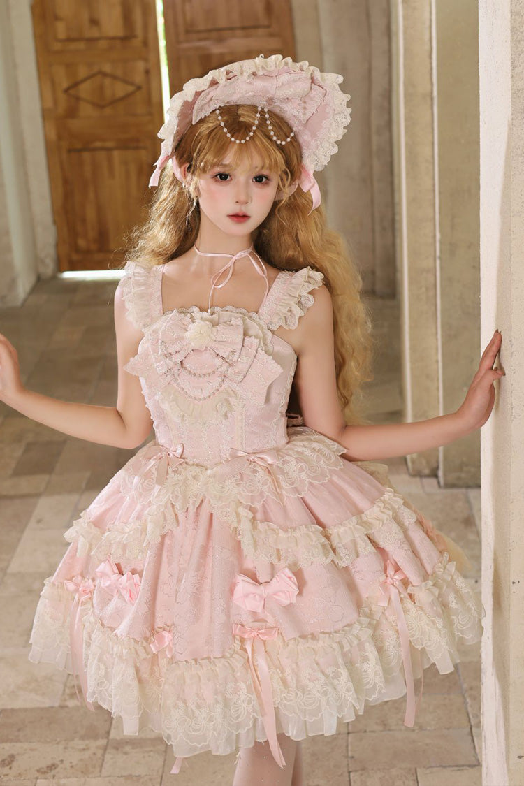 Pink Blossoming Heart Love  Sleeveless Dark Jacquard Print Bowknot Lace Sweet Lolita Jsk Dress