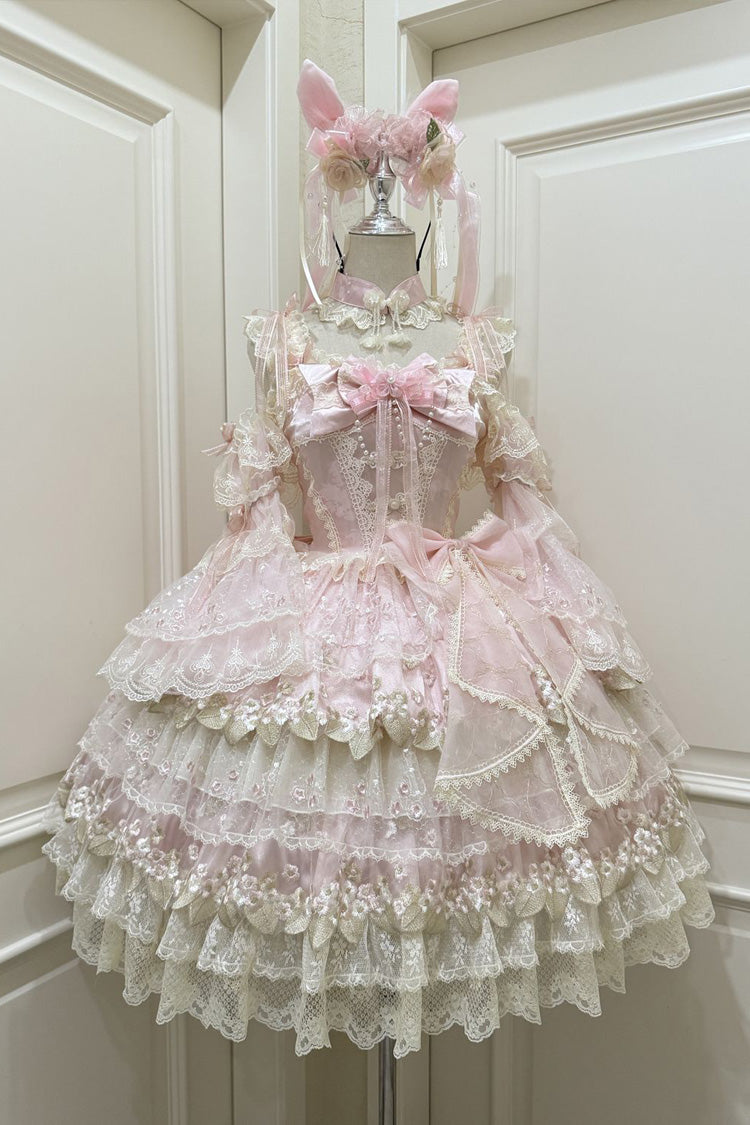 Pink Falling Flowers in the Rain Sleeveless Ruffle Embroidery Bowknot Sweet Chinese Style Lolita Jsk Dress