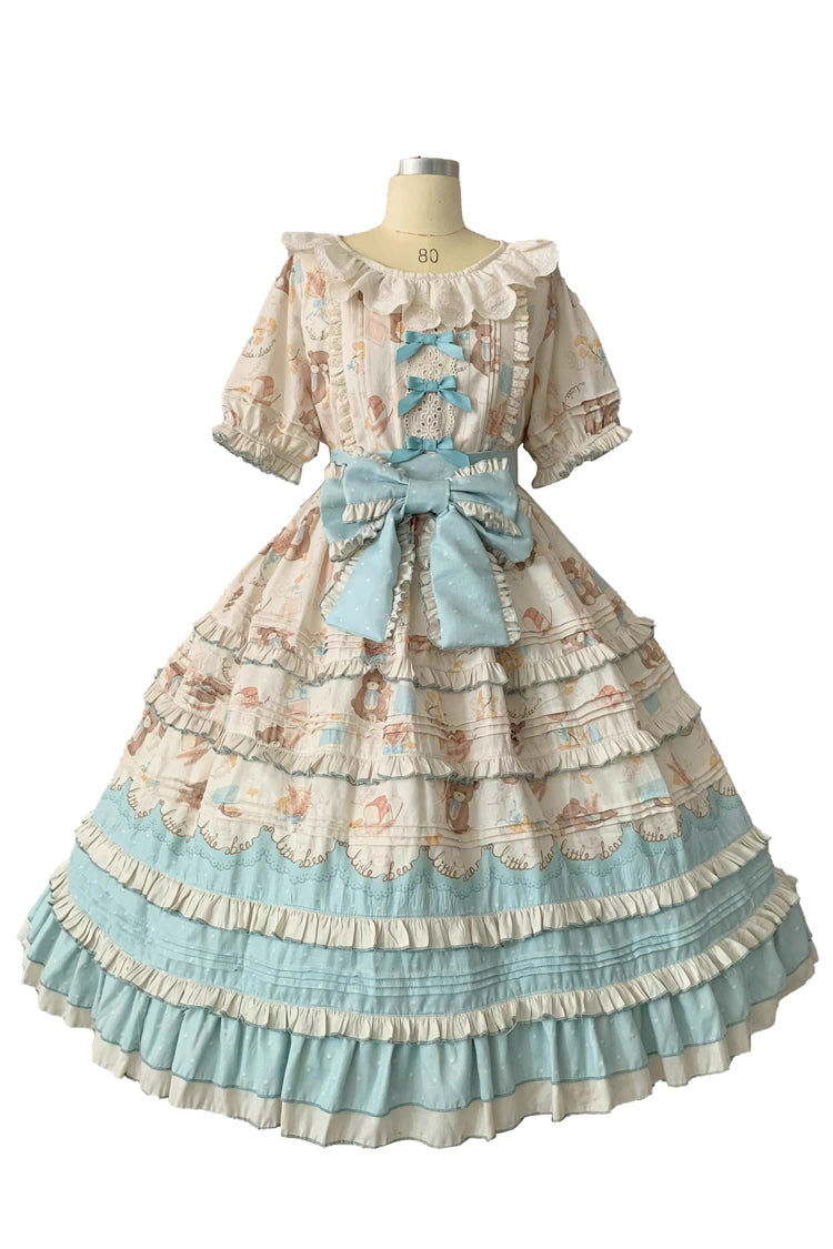Blue/Apricot Harvest Bear Print Short Sleeves Multi-Layered Ruffle Bowknot Sweet Plus Size Lolita Dress 2 Versions