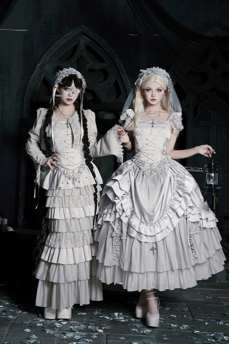 Solid Color Bionic Doll Square Collar Multi-Layered Ruffle Bowknot Lace-Up Gothic Lolita Long Skirt Corset Set