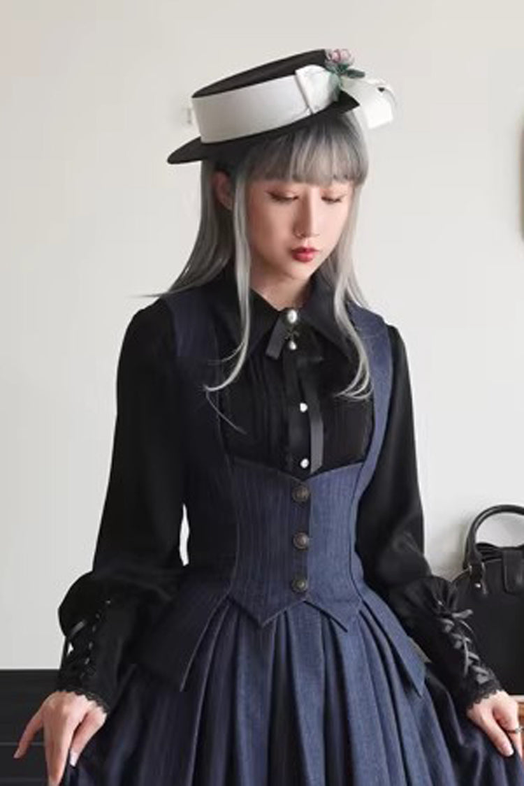 Blue Griffin's Pact Striped Printed Ruffled Gothic Lolita Skirt Vest Set