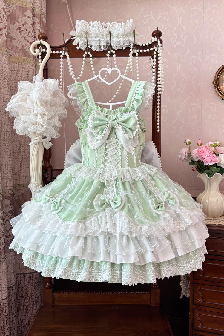 Green Sleeveless Triple-Layered Ruffle Embroidery Bowknot Lace-Up Pearl Sweet Plus Size Lolita Jsk Dress