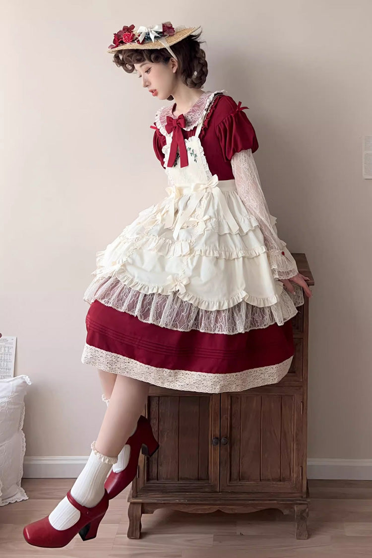 Red Mist over Flowers Along the Path Lapel Collar Long Sleeves Embroidery Bowknot Lace Sweet Lolita Dress