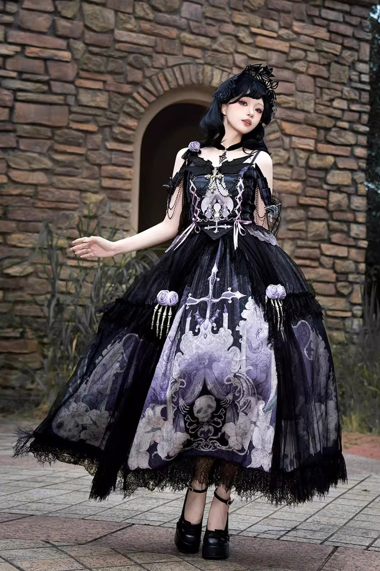 Black/Blue Skull Magic Print Ruffle Bowknot Gothic Elegant Lolita Skirt Two-Piece Set