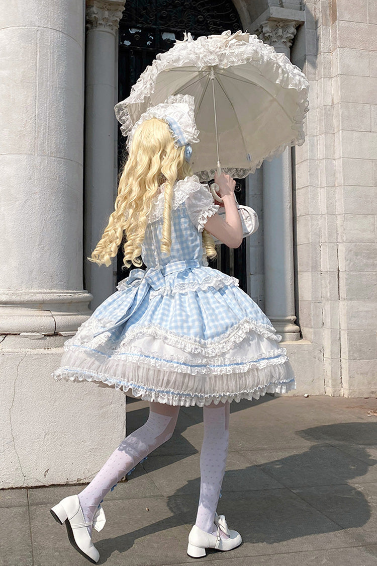 Blue Tea Break Sweetheart Short Sleeves Multi-Layered Plaid Print Ruffle Sweet Lolita Dress