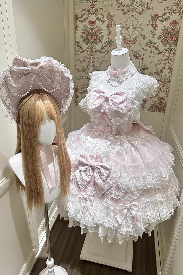 Pink Sakura Dream Romance Sleeveless Multi-Layered Ruffled Hanayome Bow Lace Sweet Princess Lolita Jsk Dress