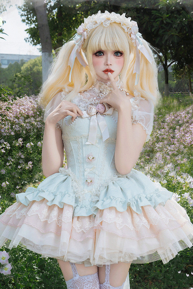 Green Sleeveless Multi-Layered Ruffle Bowknot Lace Lace-Up Sweet Princess Lolita Jsk Dress