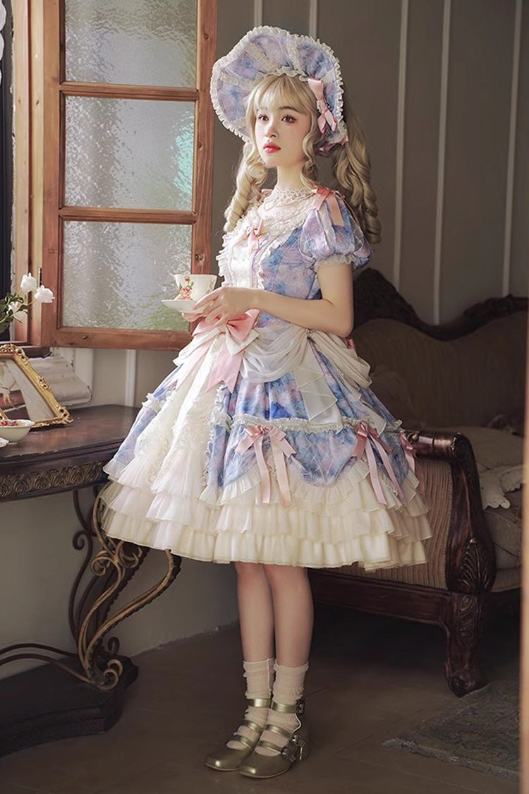 Angel Heart Sky Oil Painting Print Ruffle Cardigan Bowknot Sweet Princess Lolita Dress 3 Colors