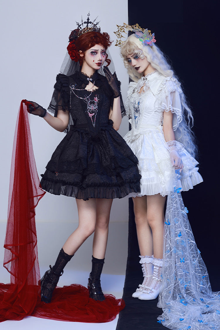 Black Sleeveless Spider Embroidery Bowknot Lace Gothic Princess Lolita Skirt Two-piece Set