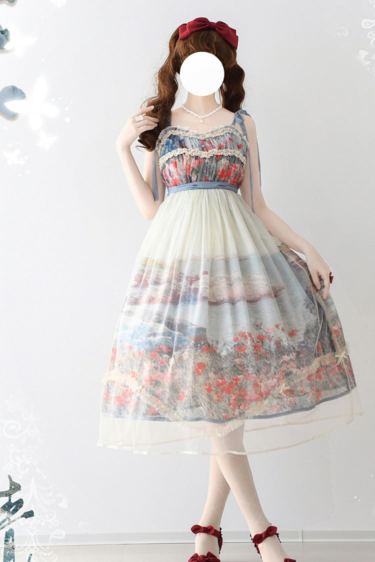 Multi-Color Oil Painting – Island Garden Sleeveless Print Ruffle Bowknot Lace Sweet Lolita Jsk Dress