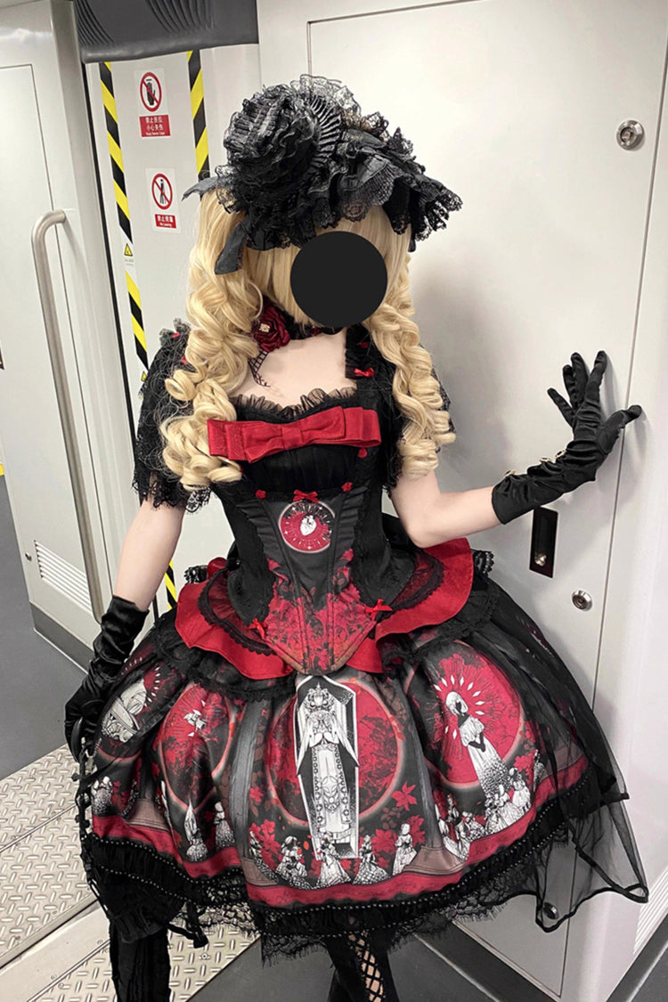 Red Dark Moon Corridor Print Embroidery Gothic Lolita Dress Skirt