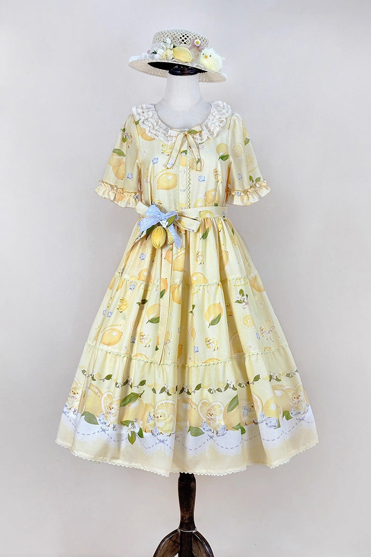 Yellow Lemon Chicken Short Sleeves Print Ruffle Bowknot Lace Daily Sweet Lolita Dress