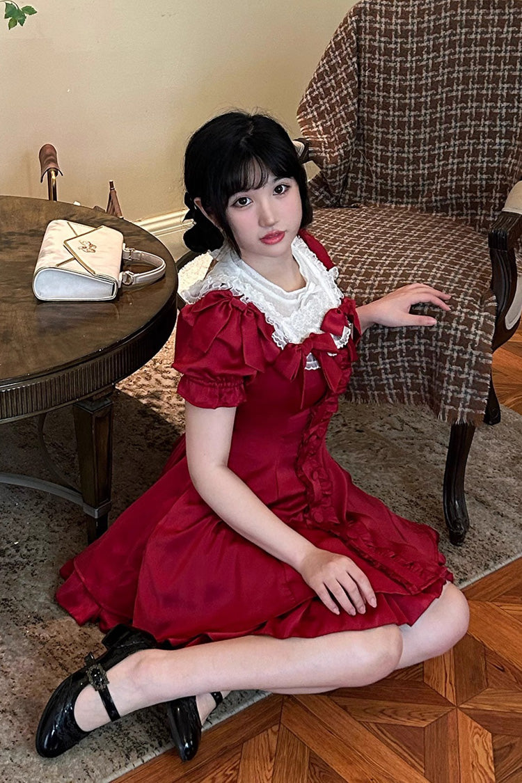 Wine Red Annie's Gift Short Sleeves Bowknot Short Version Sweet Lolita Dress (Plus Size Support)
