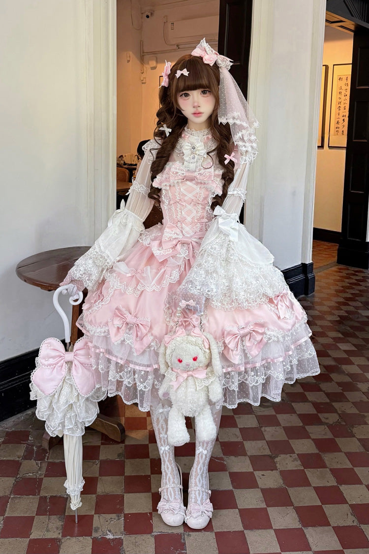 Pink Sweetheart Sleeveless Multi-Layered Embroidered Bow Lace Lace-Up Sweet Lolita Jsk Dress