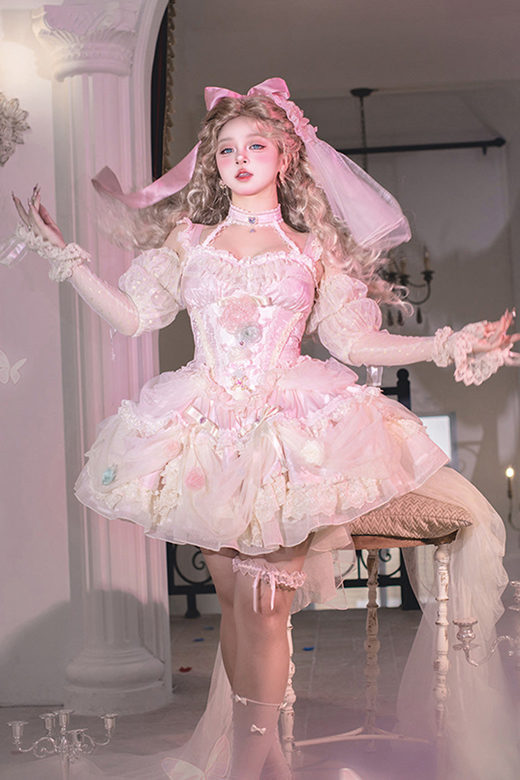 Pink Dream Garden Ruffle Hanayome Embroidery Bowknot Lace Fishbone Sweet Princess Gorgeous Lolita Jsk Dress