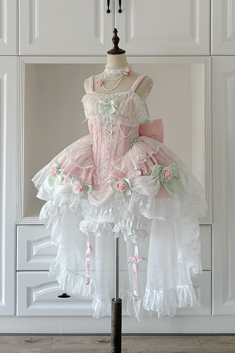 Pink Honey Rose Sleeveless Ruffle Embroidery Bowknot Lace Pearl Sweet Lolita Jsk Dress