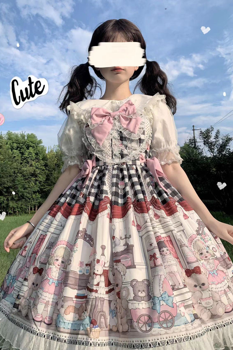 Black/Pink Plush Bear and Doll Print Ruffle Bowknot Lace Sweet Lolita Jsk Dress
