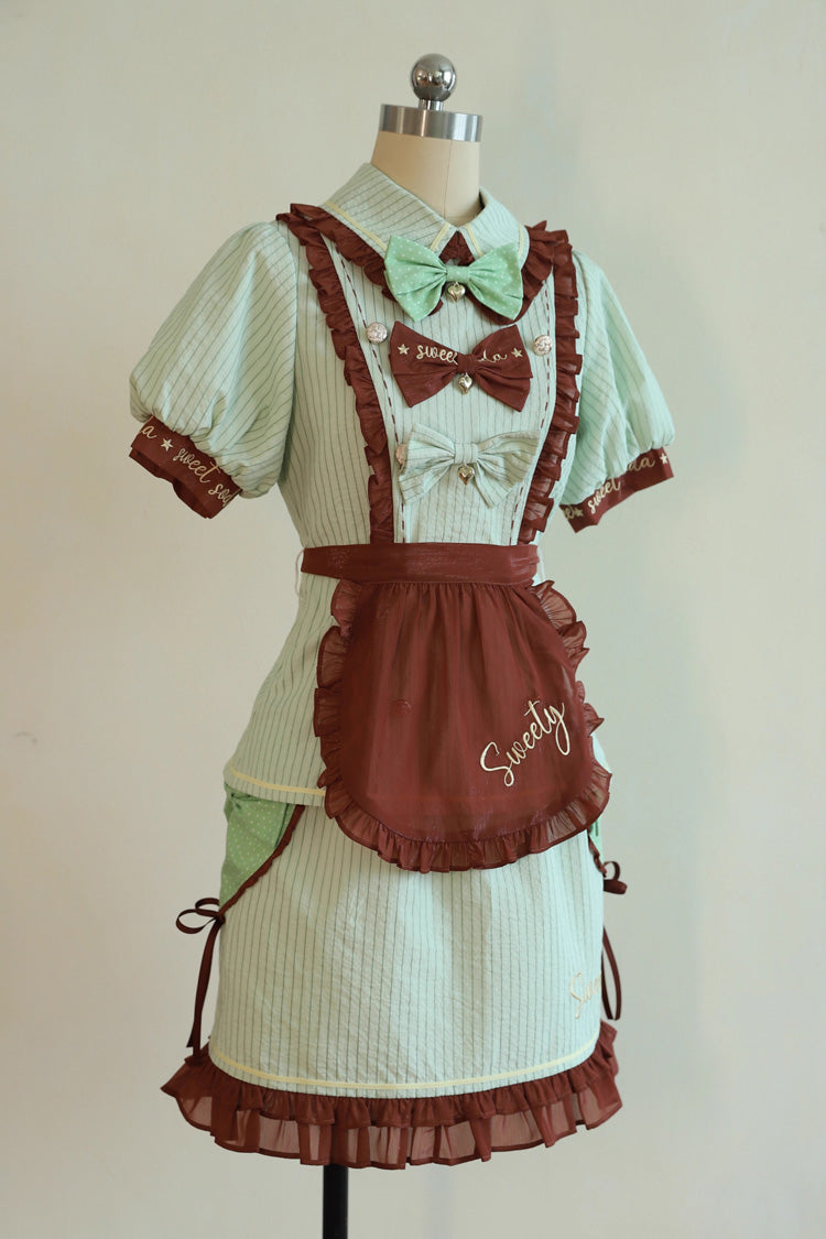 Green Sweet Soda Short Sleeves Print Ruffle Bowknot Apron Sweet Vintage Lolita Skirt Set