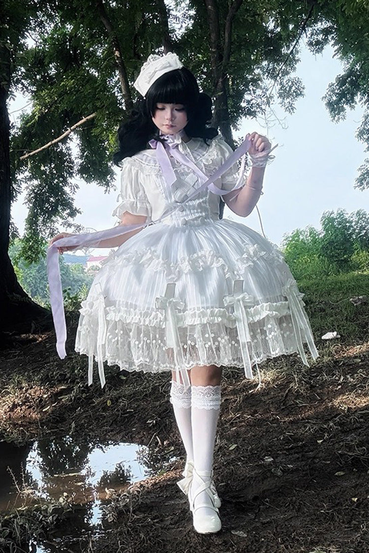 White Short Sleeves Ruffle Bowknot Lace Gothic Elegant Lolita Dress